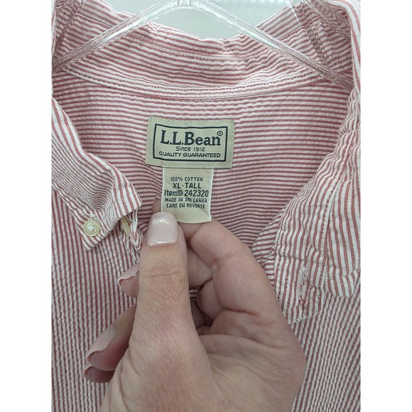 LL Bean Mens XL Tall Seersucker Shirt Red White Stripe Short Sleeve Button Down - Picture 5 of 7